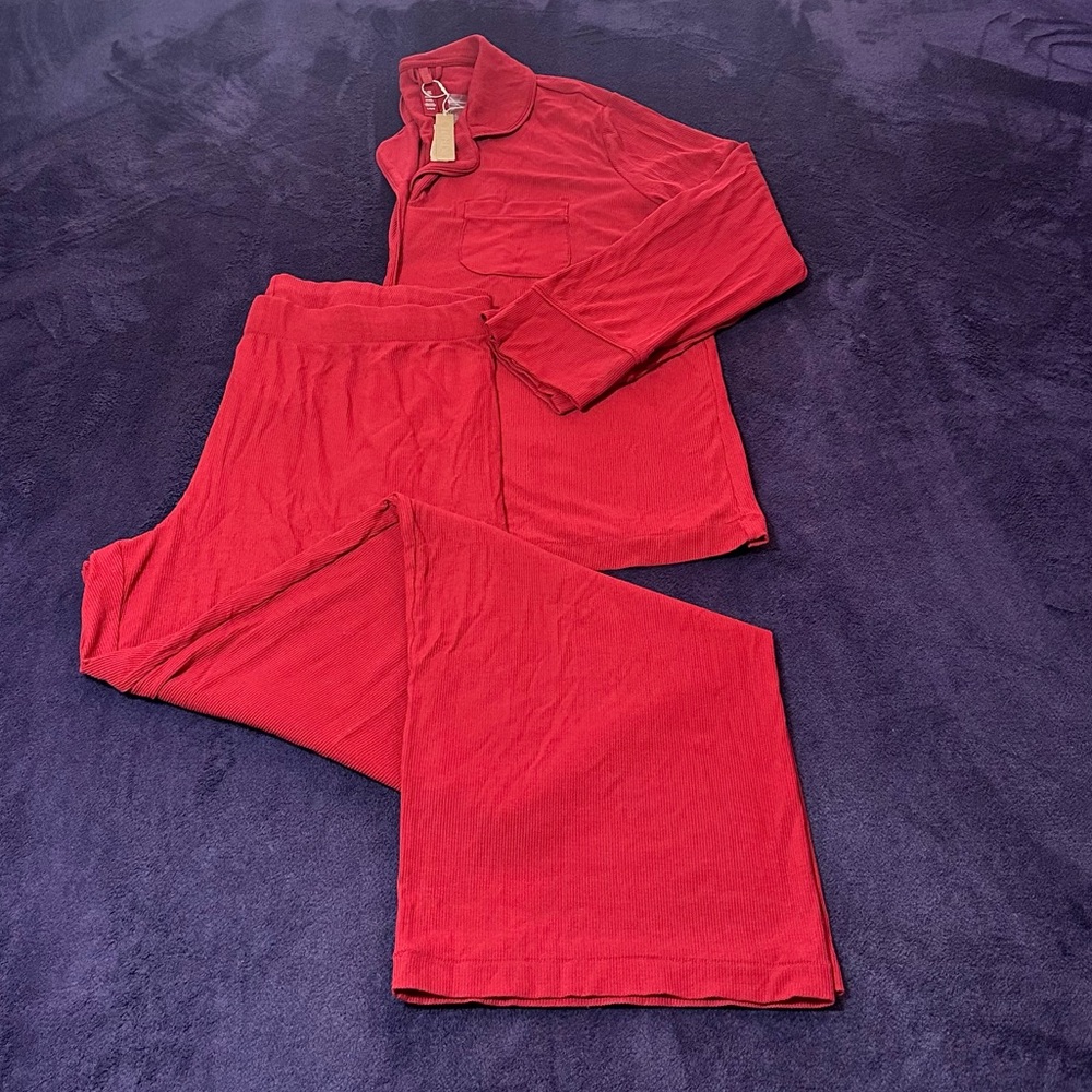 SKIMS Ribbed Long Sleeve Pajama Set in Red Size L